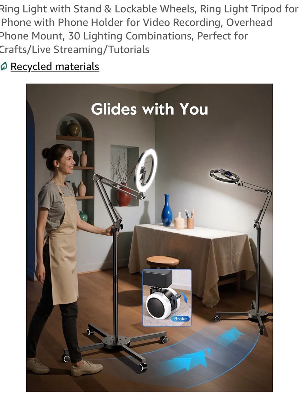 Black Adjustable Swing-Arm Ring Light with Rolling Base & Remote